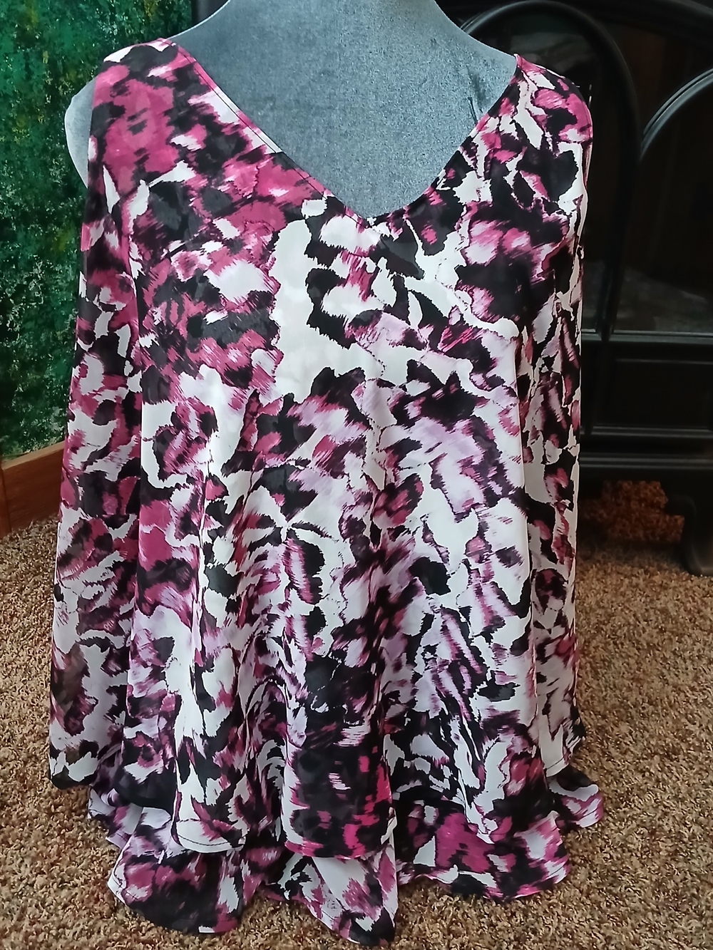 Lane Bryant Pink and Black Abstract V-Neck Blouse